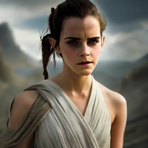 Image similar to Emma Watson modeling as Rey in Star Wars, (EOS 5DS R, ISO100, f/8, 1/125, 84mm, postprocessed, crisp face, facial features)