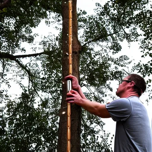 Image similar to man with huge countersink drill bits as hands angrily drilling into trees, photography