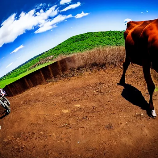 Prompt: a cow standing on a motocross jump, fisheye lens