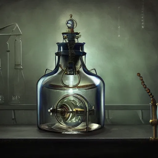 Prompt: a painting of a steampunk navy colored potion bottle in a dark dusty vintage science lab, by h. r. giger, hyperrealistic fantasy art, concept matte, ethereal, dreamy, digital art, trending on artstation, volumetric cinematic lighting