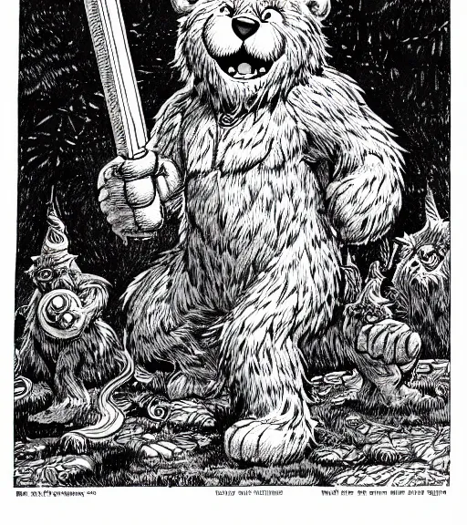 Image similar to a care bear as a d & d monster, pen - and - ink illustration, etching, by russ nicholson, david a trampier, larry elmore, 1 9 8 1, hq scan, intricate details, high contrast