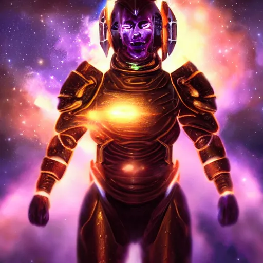 Image similar to photorealistic fantasy cosmic concept art of a cosmic god with armor made out of planets and dark matter, hovering in a unknown galaxy, fully body portrait, cinematic, dynamic lighting, ultra detailed, creative, trending on art station, creative