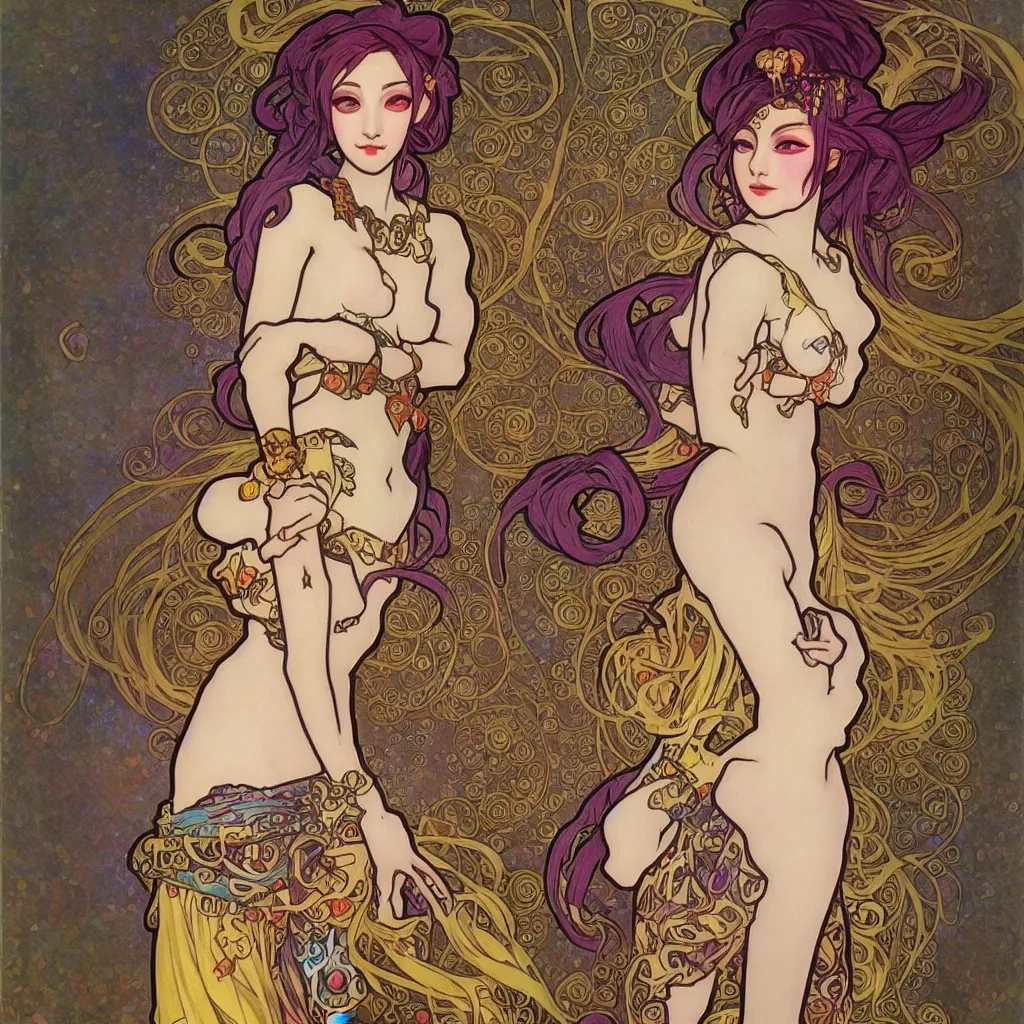 Image similar to Jinx from League of Legends made with a combination of the art styles of Alphonse Mucha and Gustav Klimt. Masterpiece. High Quality Details