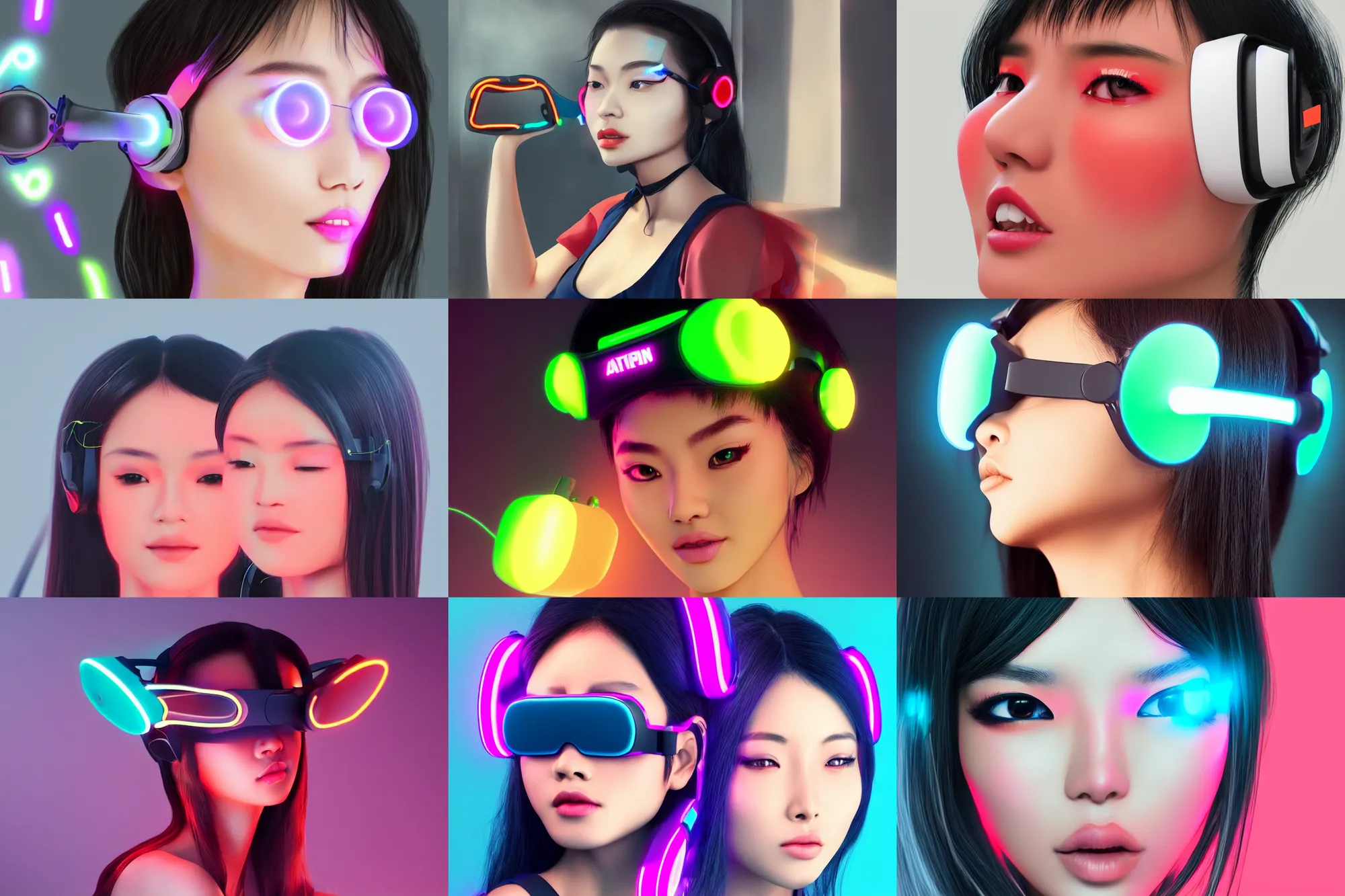 Prompt: beautiful asian girl wearing a thin vr headset, neon lenses, trending on artstation, by andrey gevechanov