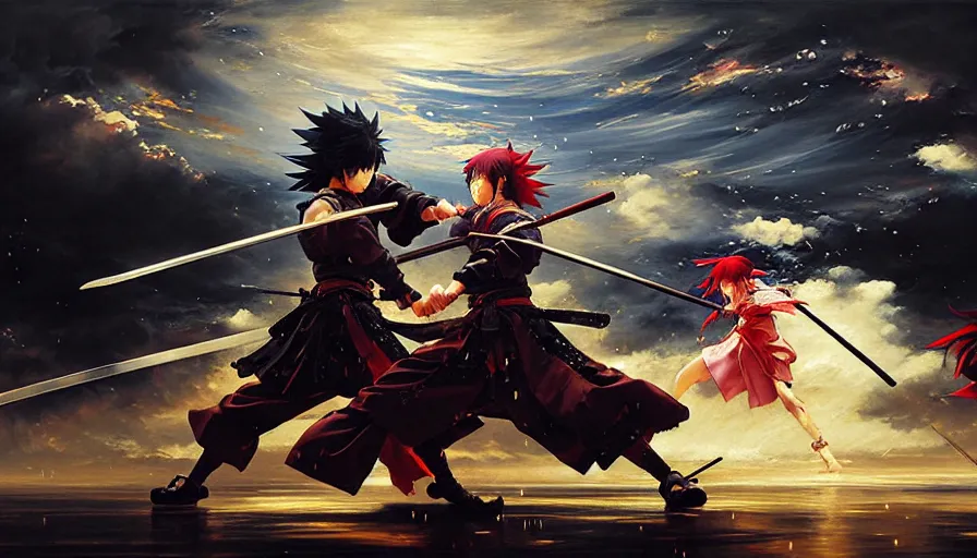 Image similar to baroque oil painting of key visual great samurai battle, rain, storm, final fantasy, fake detail, trending pixiv fanbox, acrylic palette knife, style of makoto shinkai takashi takeuchi yoshiyuki sadamoto greg rutkowski chiho aoshima