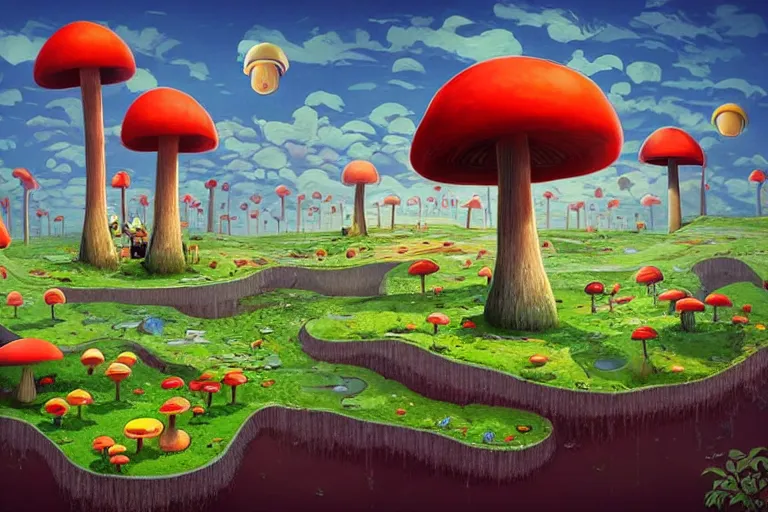 Prompt: surreal mushroom kingdom, floating island in the sky, water pipes in the ground, summer morning, very coherent and colorful high contrast, art by!!!! gediminas pranckevicius!!!!, geof darrow, dark shadows, hard lighting