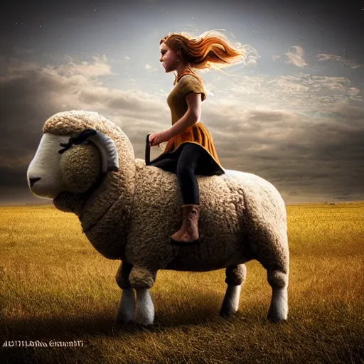 Image similar to girl riding a giant sheep in a field, trending on artstation