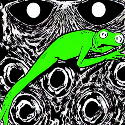 Image similar to “Kermit the Frog in The Enigma of Amigara Fault by Junji Ito”