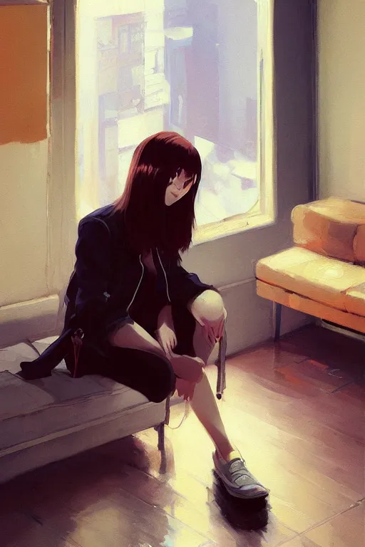 Image similar to A ultradetailed beautiful panting of a stylish girl sitting on the floor of a messy apartment, she is wearing an oversized jacket, Oil painting, by Ilya Kuvshinov, Greg Rutkowski and Makoto Shinkai