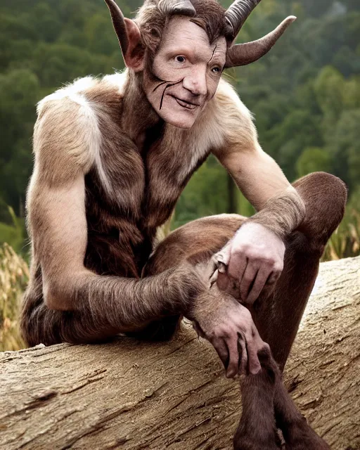 Image similar to actor Roddy McDowell in Elaborate Pan Satyr Goat Man Makeup and prosthetics designed by Rick Baker, Hyperreal, He has goat man legs, cloven feet and horns, He is sitting on a log near a beautiful meadow holding his flute. A beautiful Maiden in a beautiful Sandy Powell designed Victorian era dress can be seen off in the distance