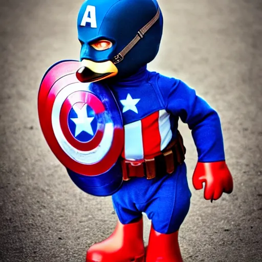 Image similar to a duck dressed as captain america