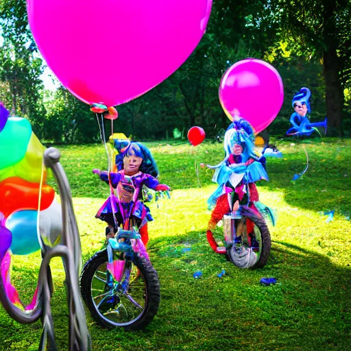 Prompt: children riding (my little pony) at a birthday party in the city park. balloons, cake, presents, craziness, havoc, 8K, 4K, digital art, 3D, cgsociety, pixar