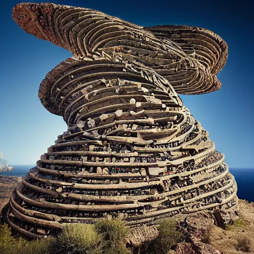 Image similar to a gigantic paleolothic torus made of stone with highly detailed carvings of intricate shamanic robotic electronics and circuitry in a mediterranean lanscape inside a valley overlooking the sea in the style of michal karcz