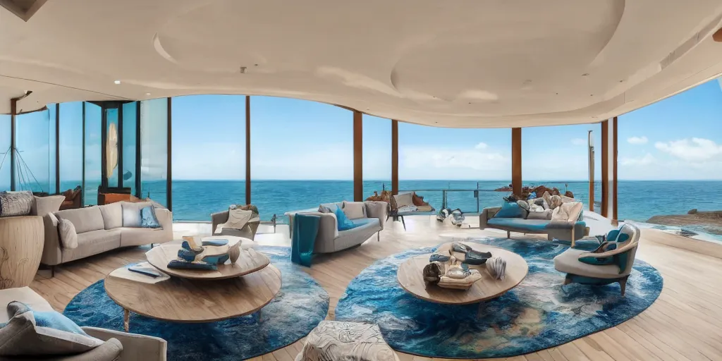 Image similar to a modern hi tech living room in a ocean hues style next to a big terrace overlooking the ocean, a luxurious wooden coffee table with large seashells on top in the center, inspired by the ocean, calm, relaxed style, harmony, wide angle shot, 8 k resolution, ultra detailed