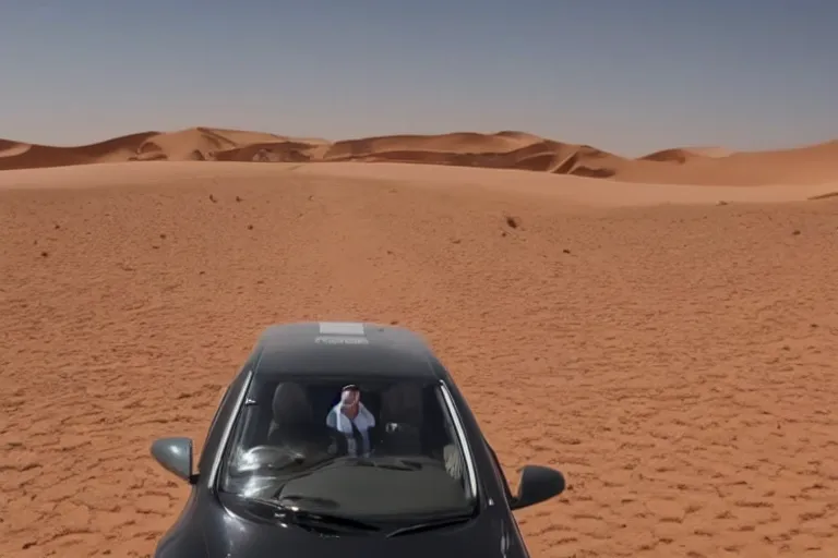 Prompt: Elon Musk driving a car in the sahara desert