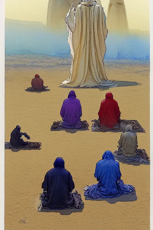 Image similar to a hyperrealist watercolour character concept art portrait of a group of middle eastern men kneeling down in prayer in front of a giant angel on a misty night in the desert. a ufo is in the background. by rebecca guay, michael kaluta, charles vess and jean moebius giraud