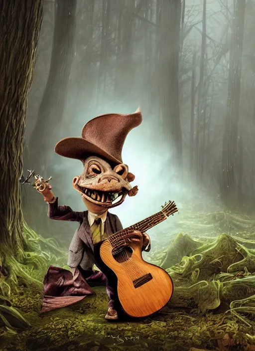 Image similar to a cute sharply dressed goblin playing the blues on an old guitar, in the style of boris valejo and patrick woodroffe, fantastic, dramatic lighting, smokey, forest, hyperrealistic, detailed, octane render