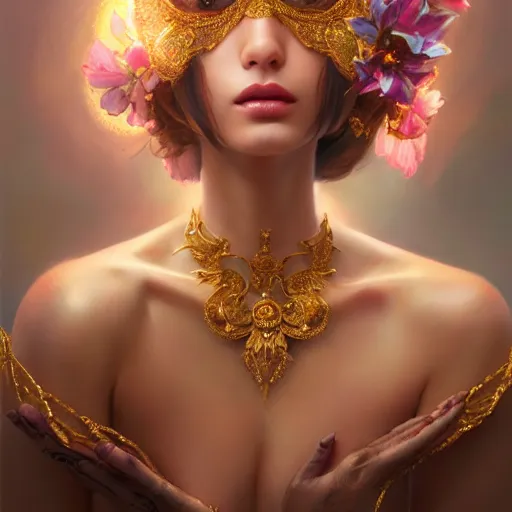 Prompt: expressive oil painting, of alluring european princess, seductive look, smooth glowing skin, glistening body, love, adoration, ornate headpiece made from flowers, glamour shot, by yoshitaka amano, by greg rutkowski, by jeremyg lipkinng, by artgerm, digital art, octane render, tattoos