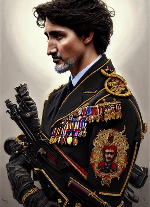 Image similar to portrait of supreme leader justin trudeau, royalty, extravagant, lord, full body, military uniform, fantasy, intricate, elegant, beautiful, highly detailed, charcoal, centered, dark, smokey, digital painting, artstation, concept art, art by artgerm and greg rutkowski and alphonse mucha