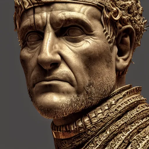 Image similar to a portrait of julius caesar, ancient roman setting, dynamic pose, close - up, intricate details, intricately detailed clothing, intricate textures, warm lighting, vivid colors, smoke and mist, realistic octane render, hyper realistic render, volumetric shading, depth of field, raytracing, 8 k,