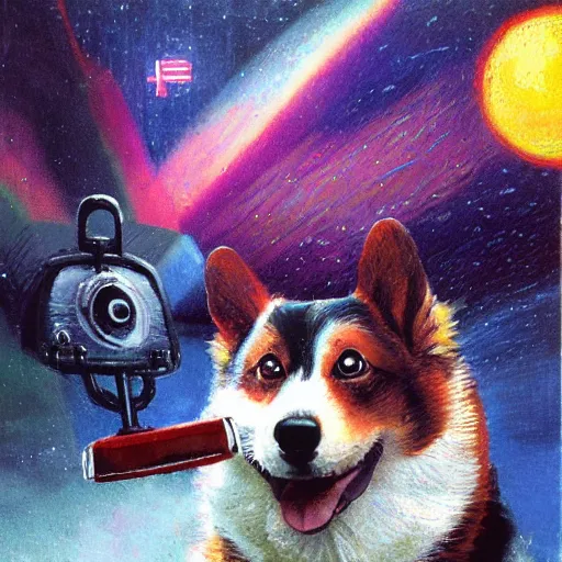 Prompt: corgi dog with a old telephone in his ear by paul lehr and bruce penningtonn