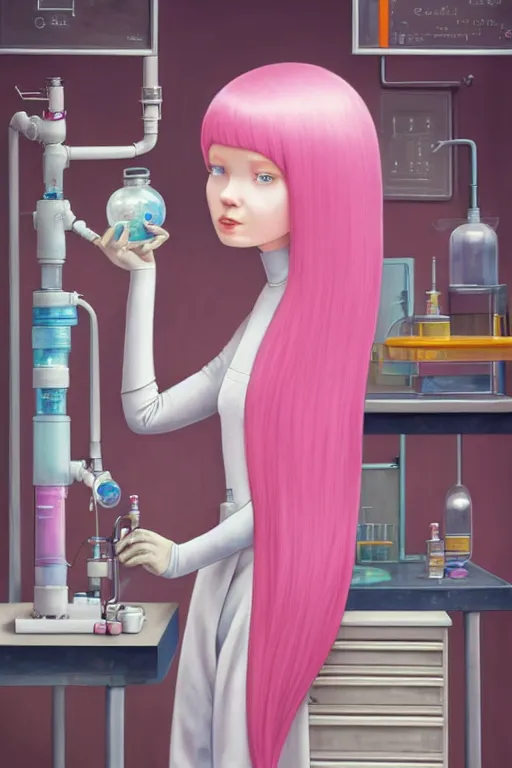 Image similar to highly detailed, industrial photography, profile view of adult princess bubblegum from adventure time, working in her science lab, wearing lab coat, long bubblegum hair, long straight bangs, confident, beautiful, attractive, illustration concept art by nicoletta ceccoli, mark ryden, lostfish, detailed and intricate environment, 8 k resolution, hyperrealistic, octane render