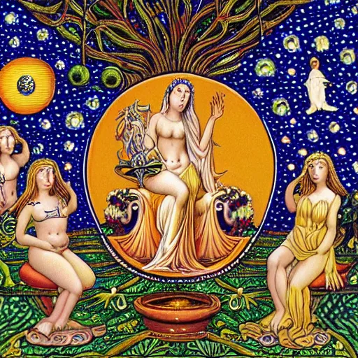 Image similar to by emek golan casual. the computer art shows venus seated on a crescent moon. she is surrounded by the goddesses ceres & bacchus, who are both holding cornucopias.