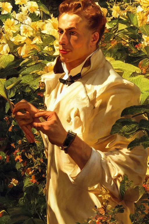 Image similar to GigaChad, golden hour, in a garden, artstation, by J. C. Leyendecker and Peter Paul Rubens,