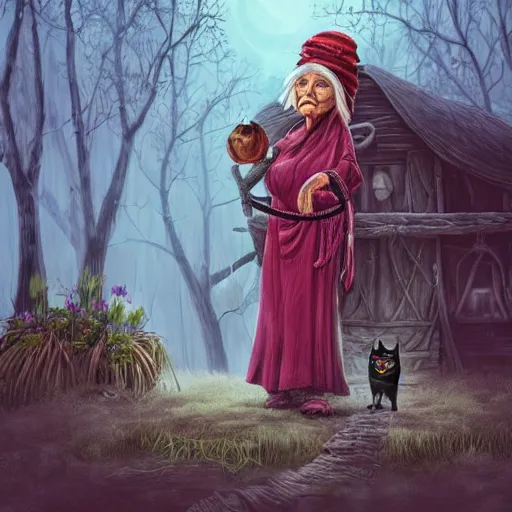 Image similar to a fabulous old woman baba yaga with a scarf on her head tied with a knot on top. there is a black cat nearby. background hut on chicken legs. from the fabulous enchanting dense forest. fantasy. very clear image.