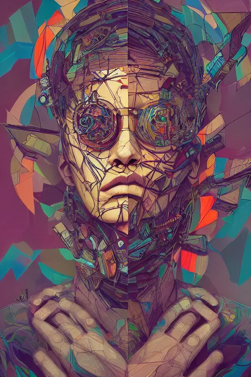 Image similar to abstract portrait, cyberpunk art, floating detailes, very detailed face, leaves by miyazaki, colorful palette illustration, kenneth blom, mental alchemy, james jean, pablo amaringo, naudline pierre, contemporary art, hyper detailed