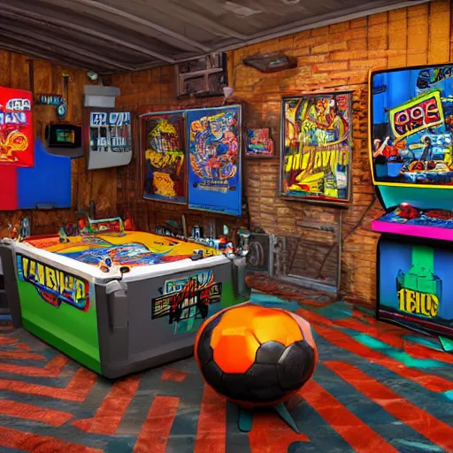 Image similar to large Mancave full of 80s toys games arcade games and wall posters Stuffy atmosphere, shadows, vintage, highly detailed, abandoned, octane render, blender, --width 768 4k