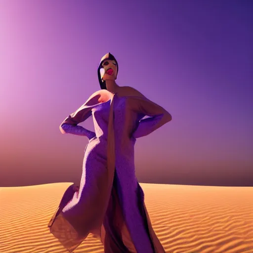 Image similar to woman wearing purple theme, avant-garde art, deco fashion, highly detailed, photorealistic portrait, serene desert setting, golden hour, crisp quality and light reflections, unreal engine 5 quality render