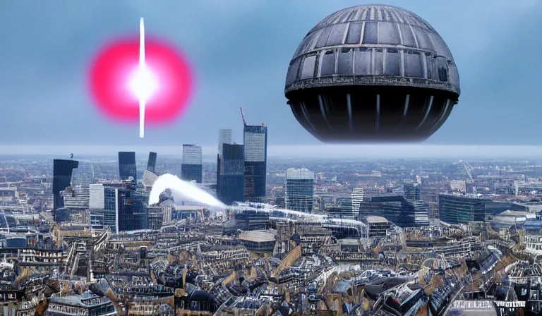 Prompt: city of london being vaporized by the death star high up in the atmosphere, rapheal lacoste style,