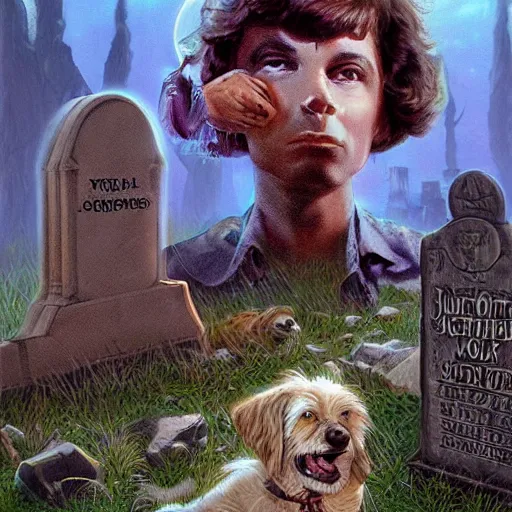 Image similar to pet cemetery, digital art, vintage pulp art, Darrell K Sweet, artstation