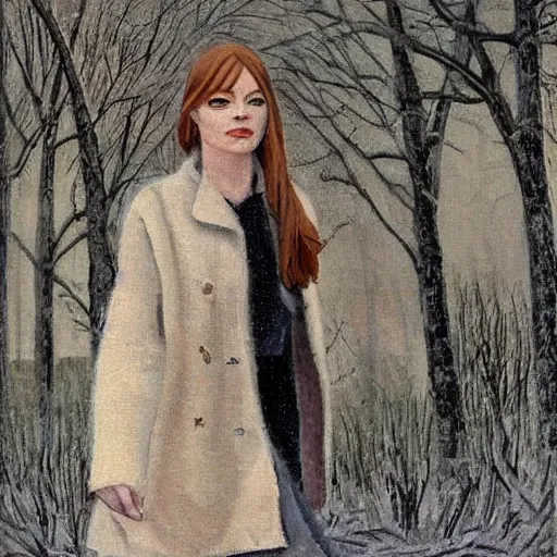 Image similar to emma stone in boots walking to outdoor toilet, winter, russian depression, chthonic, sharp focus, detailed, art by grant wood