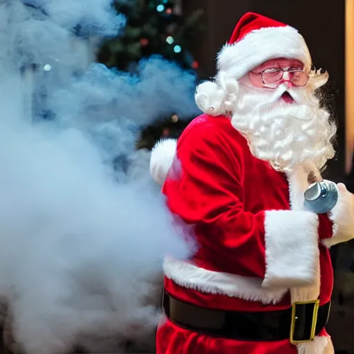 Image similar to a mall santa exhaling a large smoke cloud from his bong, award winning professional candid photography