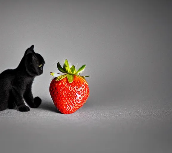 Prompt: a baby cat sneezing onto a strawberry, detailed, macro, studio light, droplets, backlit ears