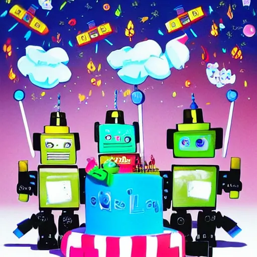 Image similar to three robots having a cool party birthday party, highly detailed