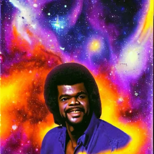 Image similar to Billy Preston (1974) in space in front of a purple nebula