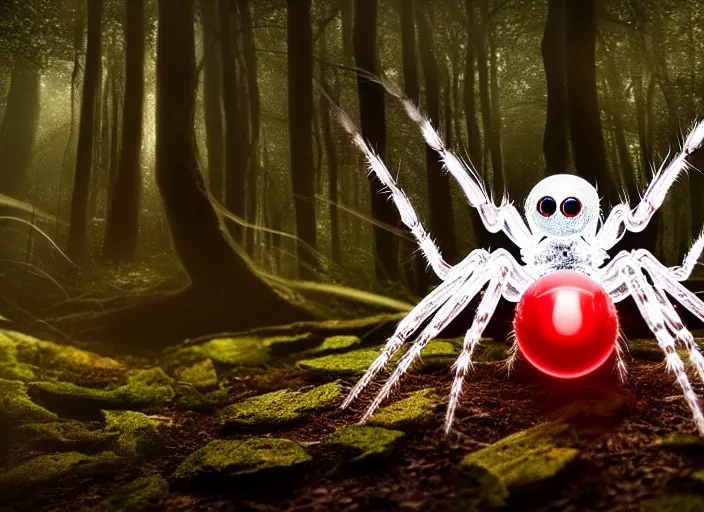 Image similar to white crystal clear spider with huge red eyes in a forest. highly detailed 8 k. intricate. lifelike. soft light. fantasy horror style. cinematic post - processing