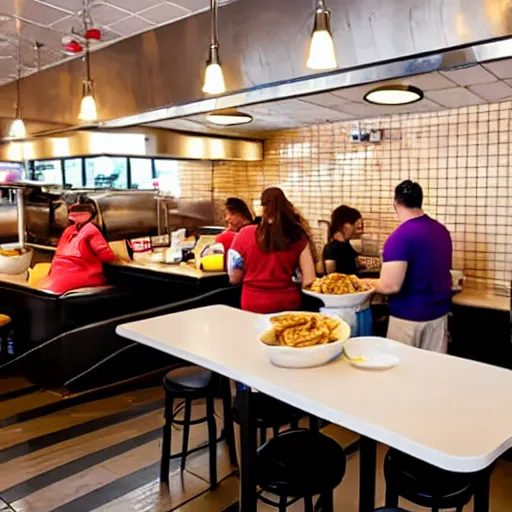 Prompt: busy wafflehouse interior with customers eating breakfast and wafflehouse employees serving food and cooking behind countertop