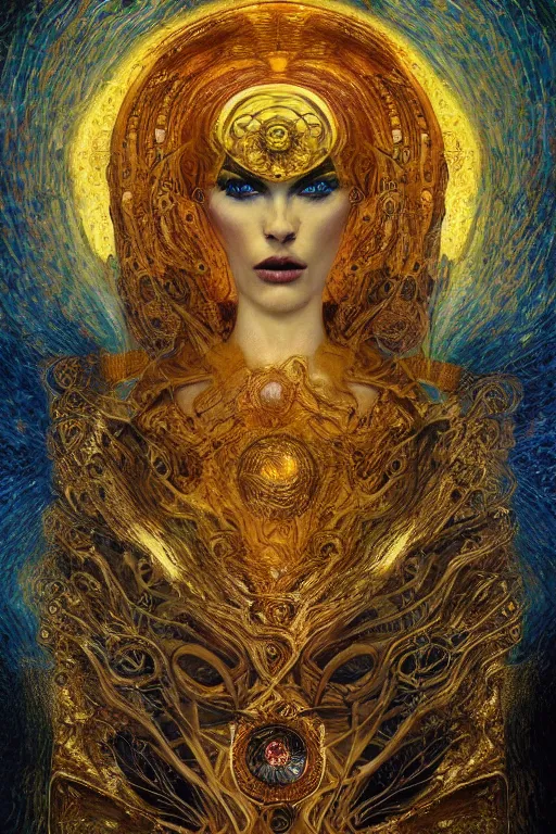 Image similar to Intermittent Chance of Chaos Muse by Karol Bak, Jean Deville, Gustav Klimt, and Vincent Van Gogh, enigma, destiny, fate, unearthly gears, otherworldly, fractal structures, prophecy, ornate gilded medieval icon, third eye, spirals