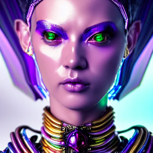 Image similar to hyperdetailed close portrait of a stunningly beautiful cyberpunk girl androgynous wizard guard made of iridescent metals and shiny purple gems, bright rainbow nimbus, transparent necklace, gold background inspired by ross tran and masamune shirow and kuvshinov, concept art, intricate, photorealistic, octane render, rtx, hdr, unreal engine, dnd digital art by artgerm