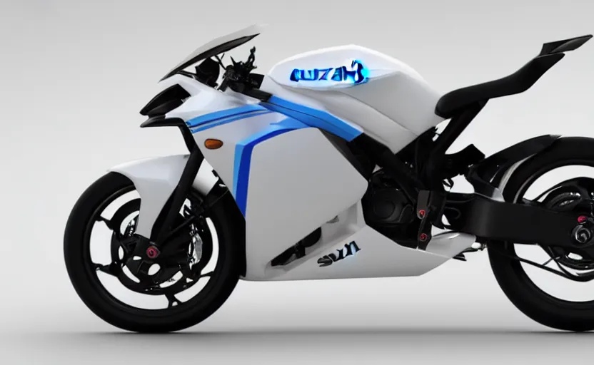 Image similar to suzuki anti - gravity prototype, motorbike, superbike, symmetrical mechanical features, designed by polestar, artificial fog, elegant design, northen lights background, brushed white and blue paint, black wheel rims, hard surfaces modelling, show room scene, dramatic lighting, hyper realistic rendering, made in solidworks, bokeh effect, 1 5 0 mm, sharp focus, 4 k