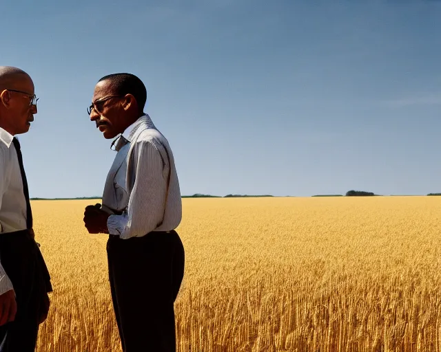 Image similar to walter white and gustavo fring facing each other in a wheat field, long shot, side view, 3 5 mm photograph, 8 k resolution, wide shot, sharp lens