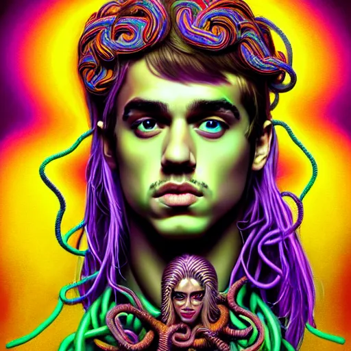 Prompt: an extremely psychedelic portrait of jusyin bieber as medusa, surreal, lsd, face, detailed, intricate, elegant, lithe, highly detailed, digital painting, artstation, concept art, smooth, sharp focus, illustration