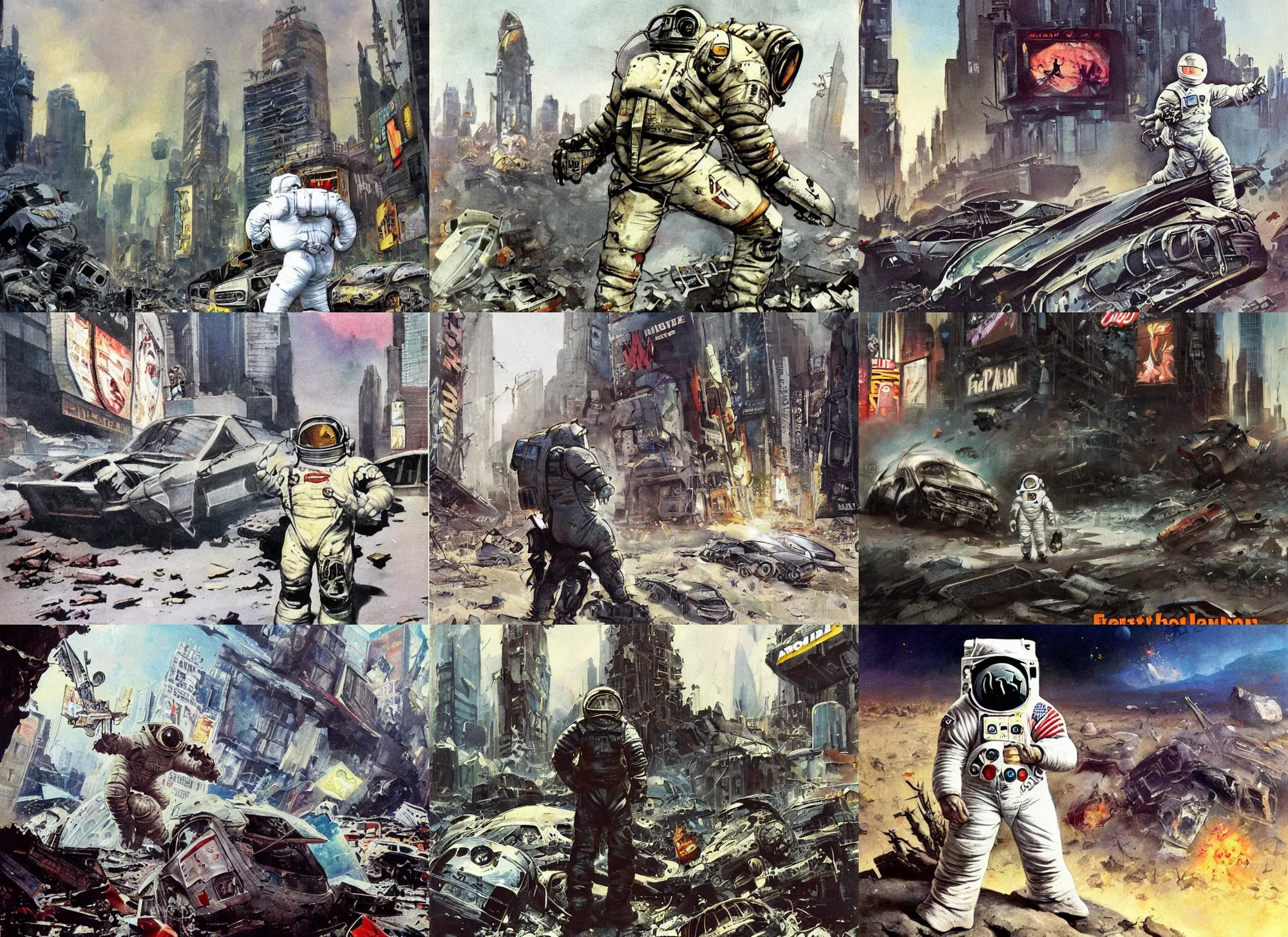 Prompt: frazetta style!!! american white spacesuit chubby astronaut in giant postapocalyptic abandoned destroyed times square, wrecked buildings, destroyed flipped wrecked cars, in the style of painting by frazetta