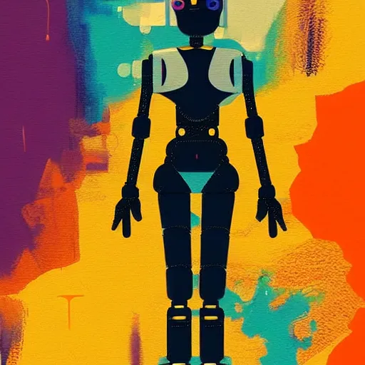 Image similar to Woman and her robot against the world. To be alive. Beautiful landscape. Rough strokes and grainy. Interesting colour scheme. Detailed. Beautiful digital artwork by artist Lurid. (2022)