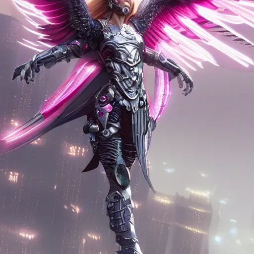 Prompt: woman valkyrie with pink metal wings, celtic and cyberpunk armor, cityscape, flying, high detail, sharp focus, silver cyber armor, rt by artgerm and greg rutkowski, digital painting, smooth render, unreal engine 5,