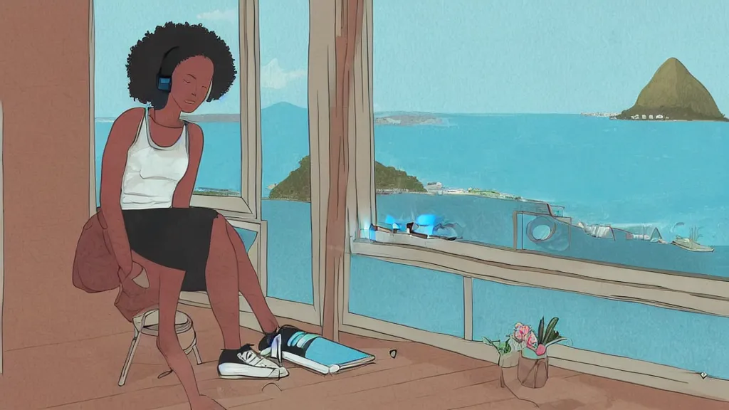 Image similar to black girl, curly hair, with headphones, studying in bedroom, window with rio de janeiro view, lo-fi illustration style, digital art, alive colors